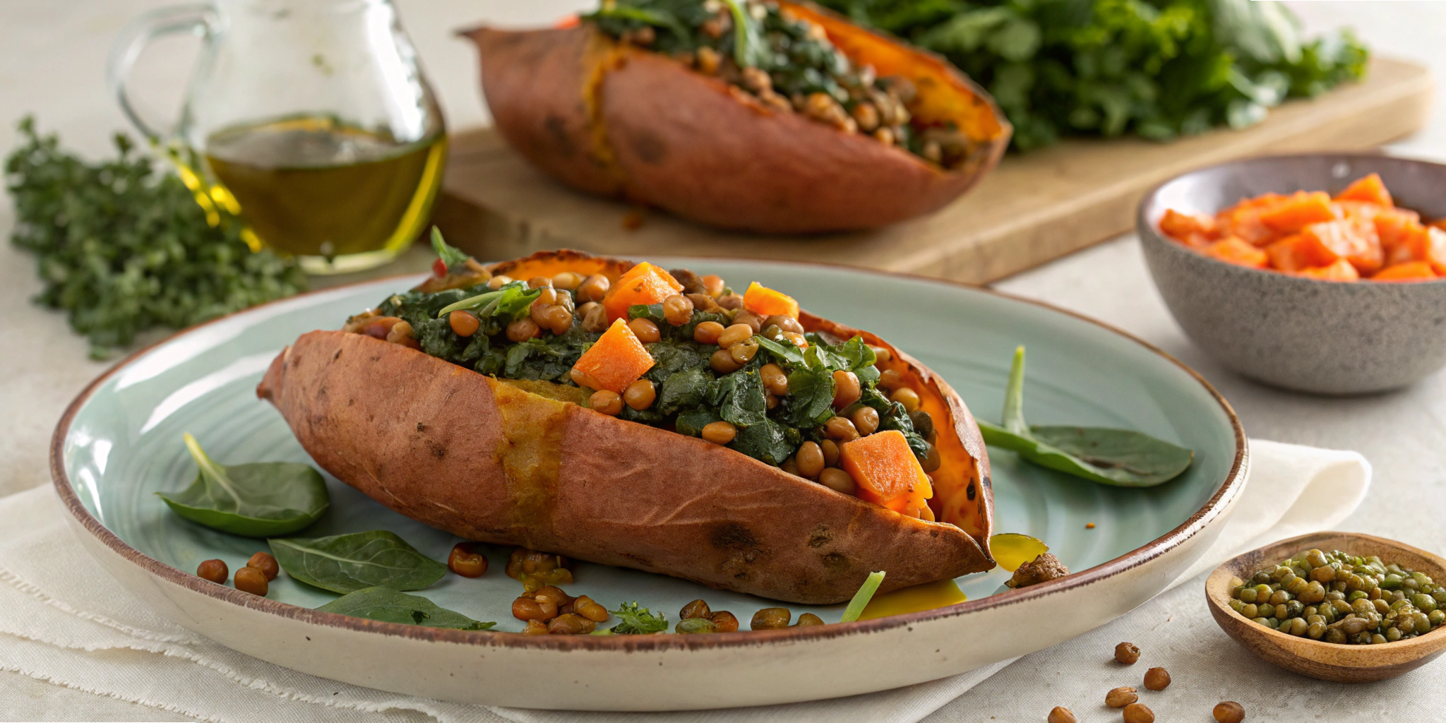 Lentil & Spinach Stuffed Sweet Potatoes