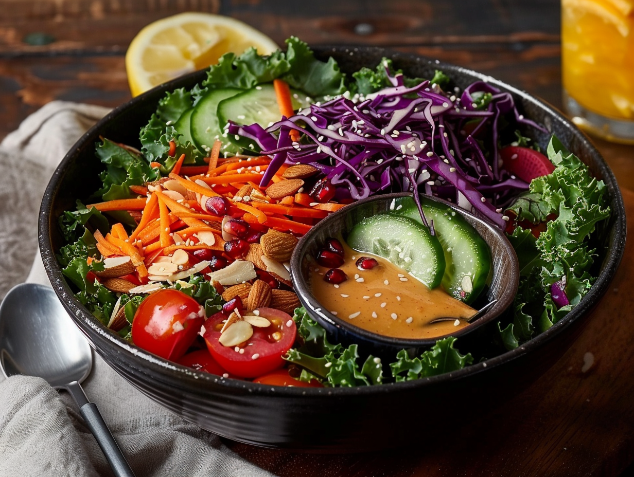 A beautifully arranged Rainbow Detox Salad in a handcrafted ceramic bowl, featuring a vibrant mix of fresh, crisp vegetables: shredded red cabbage, julienned carrots, thinly sliced cucumbers, cherry tomatoes, colorful bell peppers, and leafy greens such as kale and spinach. The salad is topped with crunchy almonds, sunflower seeds, and a sprinkle of pomegranate seeds. A small bowl of golden ginger dressing sits beside the plate, with a spoon drizzling it over the salad. The setting is a rustic wooden table, with soft natural lighting highlighting the freshness of the ingredients. A blurred background with fresh produce, a linen napkin, and a glass of lemon water for an elegant touch. Ultra-realistic, professional food photography, high detail, sharp focus, shallow depth of field, cinematic lighting, magazine-style food shot, DSLR quality