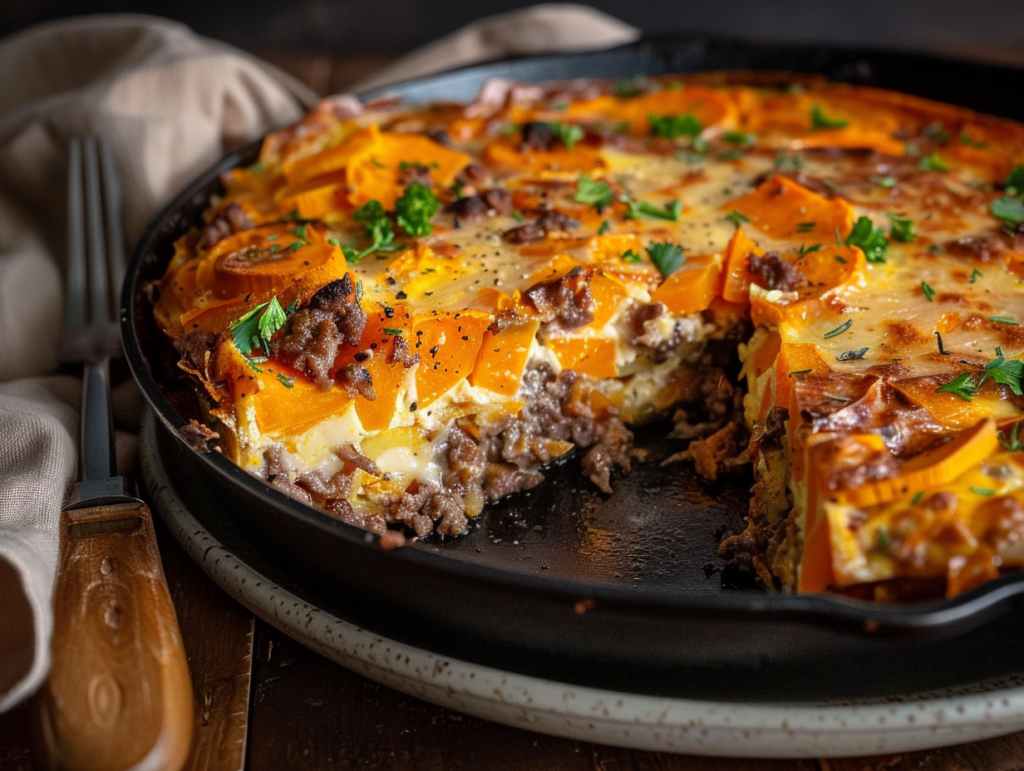 Sweet Potato and Beef Frittata in a cast-iron skillet, featuring layers of roasted sweet potatoes, seasoned ground beef, and melted cheese, garnished with fresh herbs. A golden, crispy top with a slice cut out, revealing a fluffy interior. Served on a rustic wooden table with a fork beside the plate.