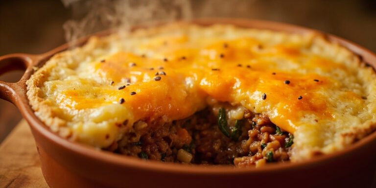Cheddar cauliflower cottage pie with melted cheese and beef stout filling on a wooden table